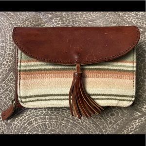 Pendleton Brown Striped Pink Green Lined Leather Fold Over Clutch Wallet